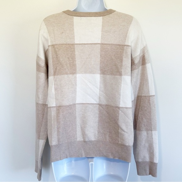 TAHARI Cream and Tan Checkered Long Sleeve Crewneck Sweater XL - Picture 2 of 8